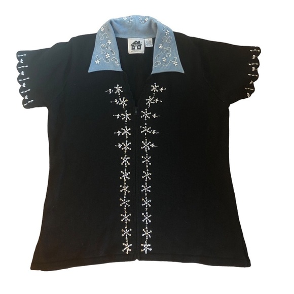 Storybook Knits Black Embellished Cardigan Sweater 1X Zip Beaded Denim Collar - Picture 1 of 6